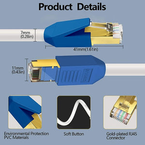 Cat 8 Ethernet Cable, Vandesail Network Internet Cable Patch RJ45 High Speed Gold Plated Plug SSTP LAN Wire for Router, Modem, Gaming, Xbox, PS4, Switch (Round, 6/10/50ft)